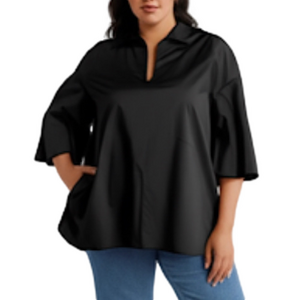 HARSHMAN Women’s Maureen Tunic black blouse w/ pockets pleats flare sleeves